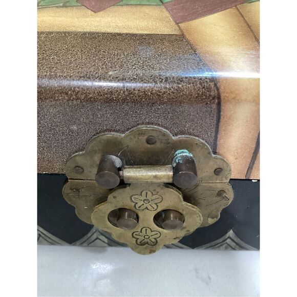 Vintage Art Nouveau Wood Lacquer Jewelry Box  AMAZING Graphics - Picture 8 of 11